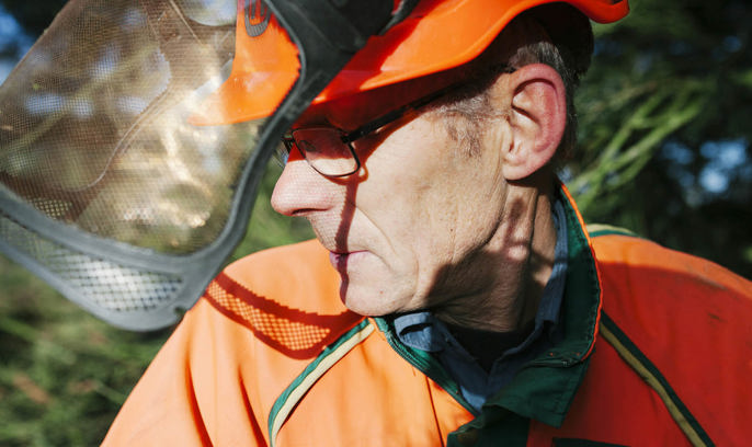 Närbild på en man som arbetar inom skogen